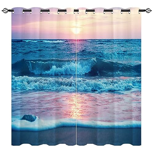 YUANZU Welle Sonnenaufgang Vorhänge Tropischer Strand Ozean Ösen Gardinen mit Blickdichte Vorhang Kälteschutz Blackout Curtain Wohnzimmer Schlafzimmer Verdunkelung Fenster, 2 Stück, H 137 x B 132 cm von YUANZU