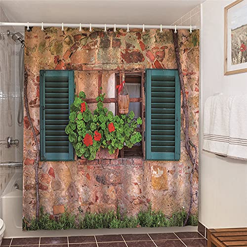 YUAOEUR 3D-Duschvorhänge mit Gartenmotiv, grüne Pflanzen, Blumen, Holzfenster, Ziegelwand, Zuhause, Outdoor, Badezimmer, Dekoration, Stoff mit Haken, 180,3 cm, grüne Felsfarbe von YUAOEUR