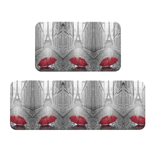 Eiffelturm Paris Street Red Umbrella Anti-Rutsch-Küchenmatte 2er-Set, ergonomische Stehunterlagen für Küche, Bar, Schreibtisch von YUBVCF