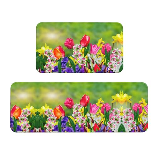 Spring Flowers Anti-Rutsch-Küchenmatte, 2er-Set, ergonomische Stehunterlagen für Küche, Bar, Schreibtisch von YUBVCF