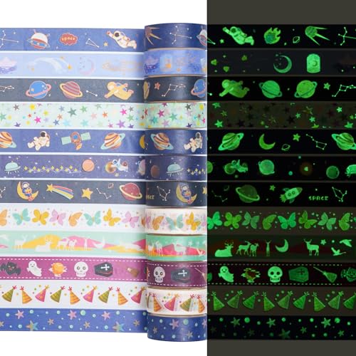 YUBX 12 Rollen Leuchtendes Washi Tape Set Masking Tape Fluoreszierendes Dekoratives Klebeband Bunt für DIY Handwerk Bullet Journals Planer Scrapbooking Verpackungook, Wrapping von YUBX