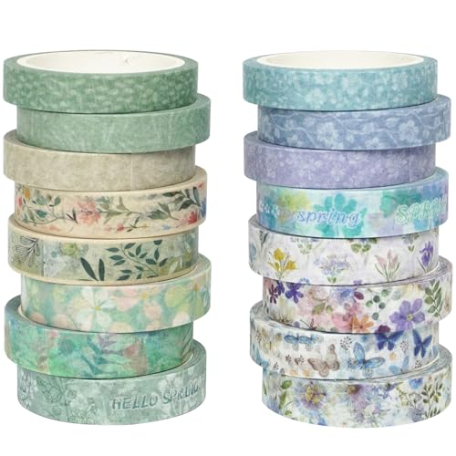 YUBX 16 Rollen Feder Washi Tape Set Dünn Masking Tape Dekoratives Flo Klebeband Bunt für DIY Handwerk Bullet Journals Planer Scrapbooking Verpackung von YUBX