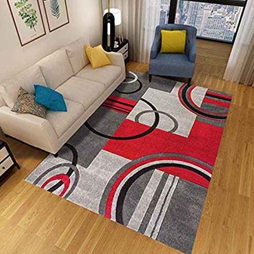 YUCFS Teppich Kurzflor Teppiche Schlafzimmer Zimmer weicher Teppich geometrisch rot dunkelgrau Extra große Größe waschbare Teppichmatte 100 x 160 cm von YUCFS