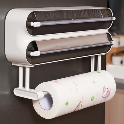 Küchenrollenhalter Magnetisch，3 in 1 Küchenrollenhalter ohne Bohren，Küchenrollenhalterung mit Cutter， Alufolienspender und Frischhalte，Wandrollenhalter Küche Folienspender (Black) von YUCHKEJ