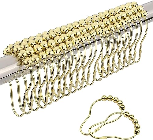 Duschvorhangringe, 20 Stück Edelstahl Duschvorhang Haken Glänzendes Duschringe Rostfrei Aufhängeringe Einzelhaken Vorhang Ringe mit Kugel Gleitsystem für Badezimmer (Gold) von YUDAWN