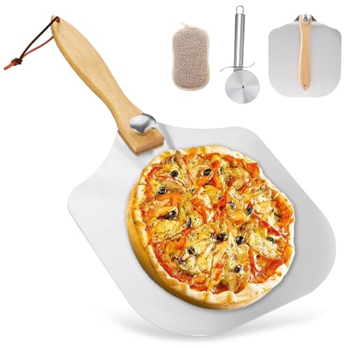 Pizzaschieber Aluminium, Pizzaschaufel Set Perforiert Pizza Schieber mit Abnehmbarem Holzgriff Pizza Schaufel Zubehör Set mit Pizzaschneider für Backen Pizza 35,5cm x 30,5cm von YUDAWN