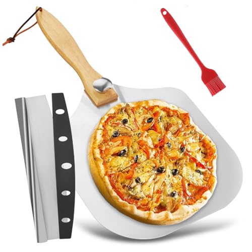 Pizzaschieber Set 12 Zoll Pizzaschieber Edelstahl Pizza Schieber Klappbar Pizzaschaufel mit Holzgriff Pizzaschneider und ölpinsel Pizza Schaufel Zubehör für Backen Pizza Brot von YUDAWN