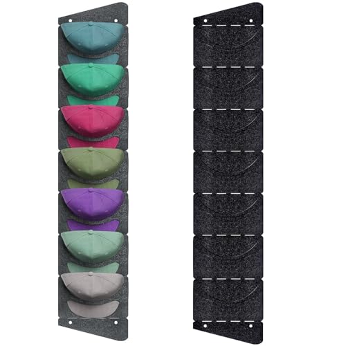 YUDAWN Cap Halterung Wand, 2 Stück Baseball Kappen Halterung Faltbar Kappenhalter Wand Baseball Cap Halterung Organizer Hutständer Wandhalterung mit 7 Taschen (Schwarz, Grau) von YUDAWN