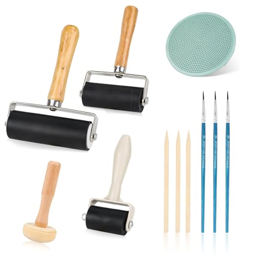 YUDAWN Linoldruck Set, 3 Stück Robuste Andrückrolle Gummiwalze Gummi Brayer Roller mit 1 Pilzwalze 1 Gravur Linolschnitt Werkzeug für Malerei Druck Tinten Tapeten Kunsthandwerk von YUDAWN