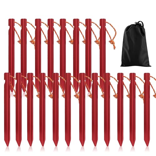 Zeltheringe, robuste Metall-Heringe, Camping-Zeltheringe, Nagel, mit reflektierendem Seil, Aufbewahrungstasche für Camping, Strand, Outdoor und Sand, Rot, 20 Stück von YUDAWN