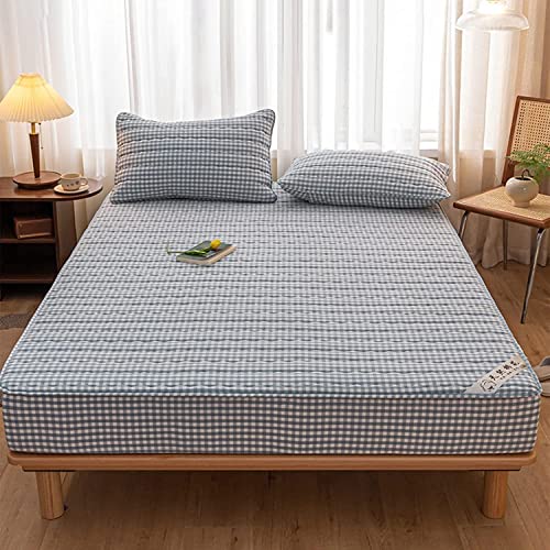 YUDEYU Spannbettuch Reiner Baumwollstoff Gesteppt verdicken Tagesdecke Matratzenschoner (Farbe : Blue Grid, Größe : 80x200 cm+25cm) von YUDEYU