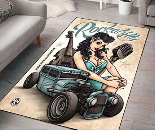 Retro Rockabilly Musik Teppich 80x120cm, Rutschfest, Weich, Polyester, Maschinenwäsche, Wohnzimmer, Esszimmer, Schlafzimmer, Arbeitszimmer, Flur, Vorraum von YUDIAO