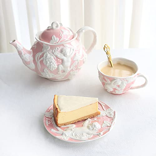 YUDIZWS Teeservice Mit Engelsprägung - Teeservice Mit Teekanne Teetasse Teeuntertasse Afternoon Tea Set 3Er-Pack - Große Teekanne 850Ml,Rosa von YUDIZWS