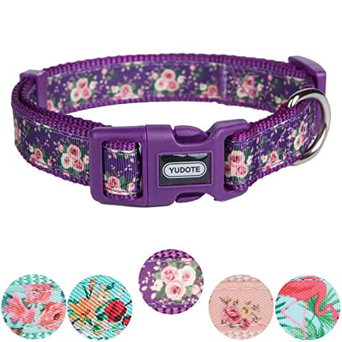 YUDOTE Verstellbares Lila Nylon-Hundehalsband Mittel mit Blume Gemustertem Band für Stabiler Hündin Nackengröße 31-49cm von YUDOTE