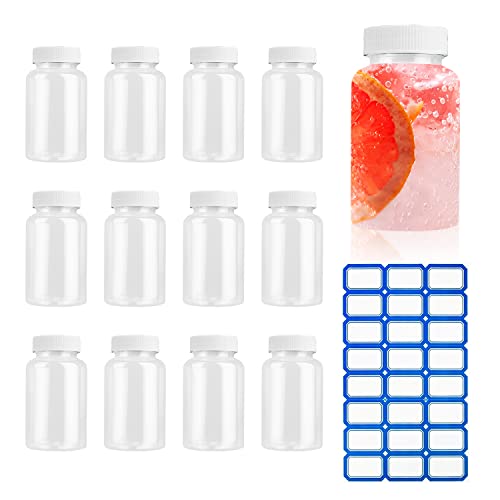 YUE QIN 12 Stück Saftflaschen Kunststoff mit Deckel Wiederverwendbar Kunststoffflaschen mit Aufkleber Milchflaschen Klare Trinkflasche für Saft Joghurt Kaffee Smoothie Wasser (100 ml) von YUE QIN