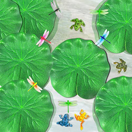 YUE QIN 22 Stück Teich Dekoration 10 Stück Simulation Lotusblatt + 6 künstliche Libelle und 6 künstliche Frosch für Fisch Vivarium Pool Teich Dekoration Aquarium von YUE QIN