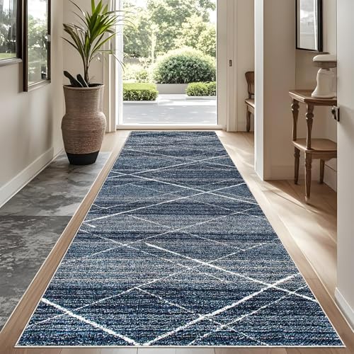 YUEAENK Läufer Teppich für Flur 80 x 140 cm - Geometrisch, Blau, Rutschfest, Waschbar, 7 mm Dick von YUEAENK