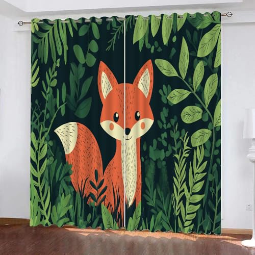 Niedlicher Tierfuchs Vorhänge Grüne Pflanzenblätter Ösen Gardinen mit Blickdichte Thermo Vorhang Kälteschutz Blackout Curtain Mädchenzimmer Schlafzimmer Verdunkelung, 2 Stück, H 240 x B 270 cm von YUEAHOL