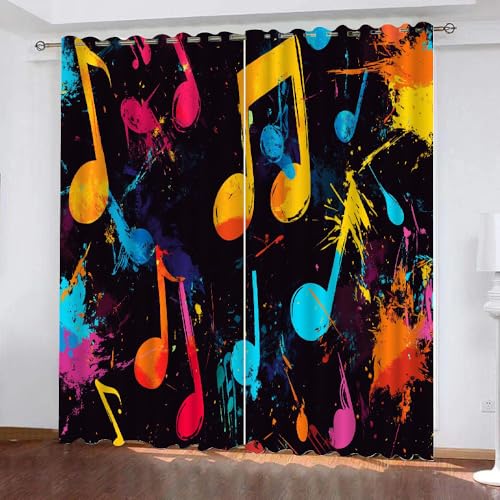 YUEAHOL Abstrakte Graffiti Blickdichte Vorhänge, Bunte Musiknoten Thermovorhang Hitzeschutz mit Ösen Gardienen 2er-Set Lichtundurchlässige Vorhänge Schlafzimmer Blackout Curtains 210 x 160 cm von YUEAHOL