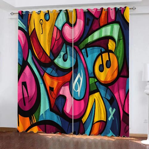 YUEAHOL Abstrakte Graffiti Blickdichte Vorhänge, Musiknoten Thermovorhang Hitzeschutz mit Ösen Gardienen 2er-Set Lichtundurchlässige Vorhänge Schlafzimmer Blackout Curtains 300 x 280 cm von YUEAHOL