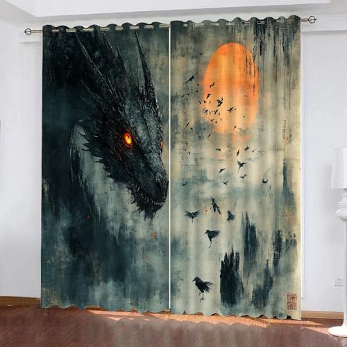 YUEAHOL Abstrakter Tierdrache Blickdichte Vorhänge, Jahrgang Thermovorhang Hitzeschutz mit Ösen Gardienen 2er-Set Lichtundurchlässige Vorhänge Schlafzimmer Blackout Curtains 234 x 230 cm von YUEAHOL