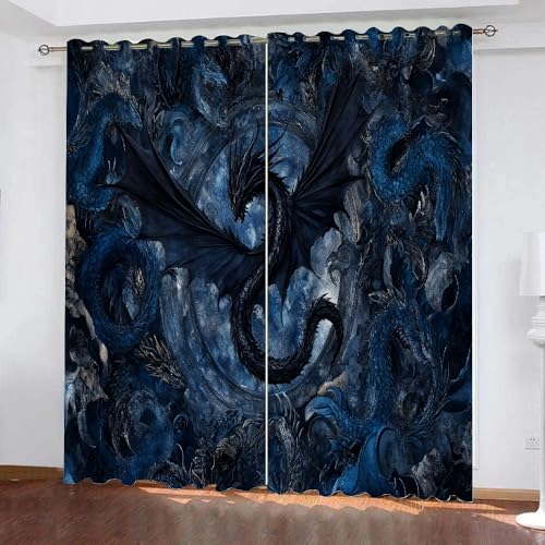 YUEAHOL Abstrakter Tierdrache Blickdichte Vorhänge, Jahrgang Thermovorhang Hitzeschutz mit Ösen Gardienen 2er-Set Lichtundurchlässige Vorhänge Schlafzimmer Blackout Curtains 300 x 270 cm von YUEAHOL