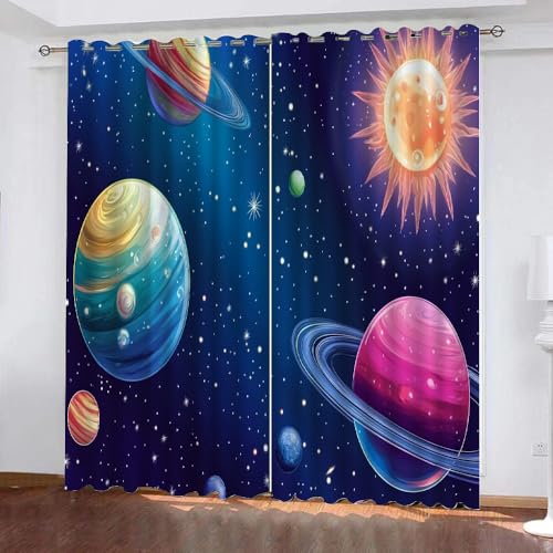 YUEAHOL Blauer Sternenhimmel Blickdichte Vorhänge, Bunter Planet Thermovorhang Hitzeschutz mit Ösen Gardienen 2er-Set Lichtundurchlässige Vorhänge Schlafzimmer Blackout Curtains 300 x 270 cm von YUEAHOL