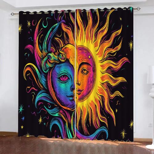 YUEAHOL Böhmische Sonne Mond Blickdichte Vorhänge, Abstrakte Kunst Thermovorhang Hitzeschutz mit Ösen Gardienen 2er-Set Lichtundurchlässige Vorhänge Schlafzimmer Blackout Curtains 210 x 160 cm von YUEAHOL