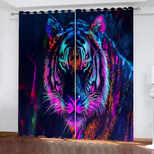 YUEAHOL Bunter Tiger Vorhang Blickdicht mit Ösen 3D Schwarz Verdunkelungsvorhang 2er Set Gardine Polyester für Schlafzimmer Kinderzimmer Wohnzimmer Dekoration 220 x 210 cm von YUEAHOL