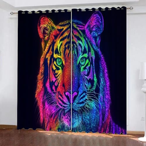 YUEAHOL Bunter Tiger Vorhang Blickdicht mit Ösen 3D Schwarz Verdunkelungsvorhang 2er Set Gardine Polyester für Schlafzimmer Kinderzimmer Wohnzimmer Dekoration 300 x 270 cm von YUEAHOL