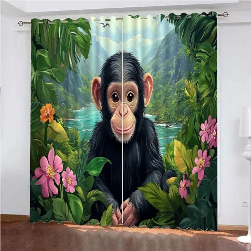 YUEAHOL Cartoon-AFFE Vorhang Blickdicht mit Ösen 3D Natürliche Waldblume Verdunkelungsvorhang 2er Set Gardine Polyester für Schlafzimmer Kinderzimmer Wohnzimmer Dekoration 300 x 270 cm von YUEAHOL