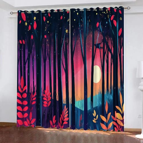 YUEAHOL Cartoon-Wald Blickdichte Vorhänge, Mondscheinnacht Thermovorhang Hitzeschutz mit Ösen Gardienen 2er-Set Lichtundurchlässige Vorhänge Schlafzimmer Blackout Curtains 110 x 140 cm von YUEAHOL