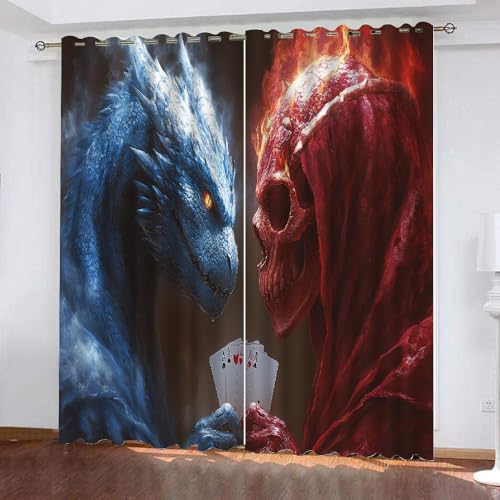 YUEAHOL EIS- und Feuerschädel Blickdichte Vorhänge, Karten Thermovorhang Hitzeschutz mit Ösen Gardienen 2er-Set Lichtundurchlässige Vorhänge Schlafzimmer Blackout Curtains 300 x 270 cm von YUEAHOL
