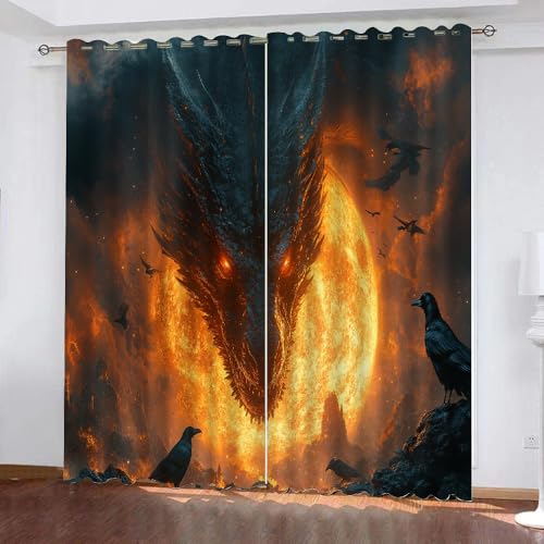 YUEAHOL Flammendrache Blickdichte Vorhänge, Sternenhimmel Vogel Thermovorhang Hitzeschutz mit Ösen Gardienen 2er-Set Lichtundurchlässige Vorhänge Schlafzimmer Blackout Curtains 110 x 140 cm von YUEAHOL