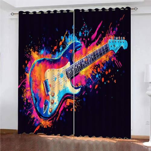 YUEAHOL Flammengitarre Vorhang Blickdicht mit Ösen 3D Abstrakte Kunst Verdunkelungsvorhang 2er Set Gardine Polyester für Schlafzimmer Kinderzimmer Wohnzimmer Dekoration 150 x 166 cm von YUEAHOL