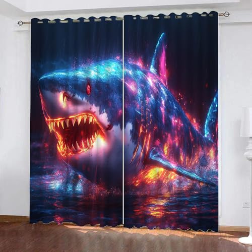 YUEAHOL Flammenhai Blickdichte Vorhänge, Abstrakte Kunst Thermovorhang Hitzeschutz mit Ösen Gardienen 2er-Set Lichtundurchlässige Vorhänge Schlafzimmer Blackout Curtains 210 x 160 cm von YUEAHOL