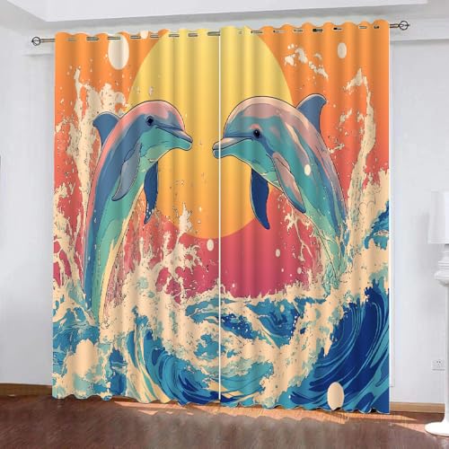 YUEAHOL Gardine Vorhange Blickdicht mit Ösen Ozeandelfin Sonnenuntergang Himmel 230 cm Lang 234 cm Breite Verdunkelung 3D Curtain Effekt Motiv Druck Wohnzimmer Schlafzimmer von YUEAHOL