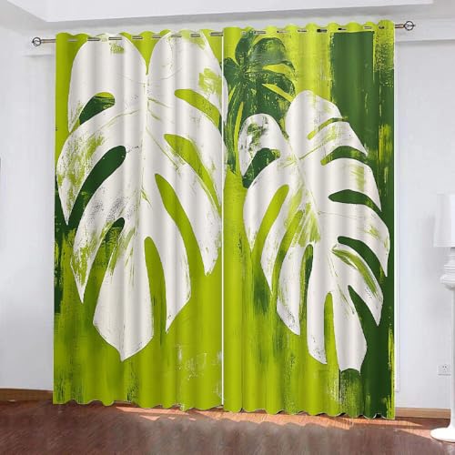 YUEAHOL Grüne Graffiti Blickdichte Vorhänge, Tropische Pflanzenblätter Thermovorhang Hitzeschutz mit Ösen Gardienen 2er-Set Lichtundurchlässige Vorhänge Schlafzimmer Blackout Curtains 300 x 280 cm von YUEAHOL