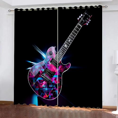 YUEAHOL Leuchtende Gitarre Blickdichte Vorhänge, Abstrakte Kunst Thermovorhang Hitzeschutz mit Ösen Gardienen 2er-Set Lichtundurchlässige Vorhänge Schlafzimmer Blackout Curtains 110 x 140 cm von YUEAHOL