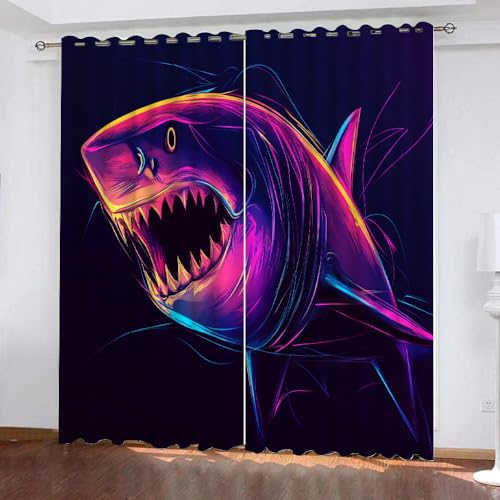 YUEAHOL Leuchtender Hai Blickdichte Vorhänge, Abstrakte Kunst Thermovorhang Hitzeschutz mit Ösen Gardienen 2er-Set Lichtundurchlässige Vorhänge Schlafzimmer Blackout Curtains 220 x 210 cm von YUEAHOL