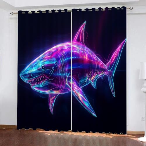 YUEAHOL Leuchtender Hai Blickdichte Vorhänge, Abstrakte Kunst Thermovorhang Hitzeschutz mit Ösen Gardienen 2er-Set Lichtundurchlässige Vorhänge Schlafzimmer Blackout Curtains 300 x 280 cm von YUEAHOL
