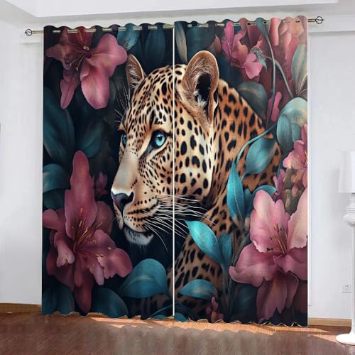 YUEAHOL Pflanze Blume Vorhang Blickdicht mit Ösen 3D Handbemalter Gepard Verdunkelungsvorhang 2er Set Gardine Polyester für Schlafzimmer Kinderzimmer Wohnzimmer Dekoration 150 x 166 cm von YUEAHOL