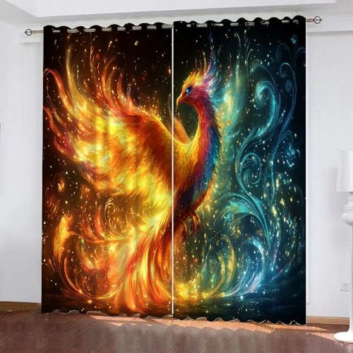 YUEAHOL Phönix-Feuervogel Vorhang Blickdicht mit Ösen 3D Abstrakte Kunst Verdunkelungsvorhang 2er Set Gardine Polyester für Schlafzimmer Kinderzimmer Wohnzimmer Dekoration 150 x 166 cm von YUEAHOL