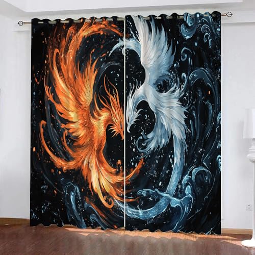 YUEAHOL Phönix-Feuervogel Vorhang Blickdicht mit Ösen 3D Abstrakte Kunst Verdunkelungsvorhang 2er Set Gardine Polyester für Schlafzimmer Kinderzimmer Wohnzimmer Dekoration 220 x 210 cm von YUEAHOL