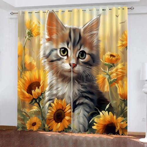 YUEAHOL Sonnenblume Verdunkelungsvorhang Tier Katze 3D Druck Ösen Gardinen Wärmegedämmt Blickdichter Vorhänge für Jungen Mädchen Kinder Schlafzimmer Spielzimmer 210 x 160 cm von YUEAHOL