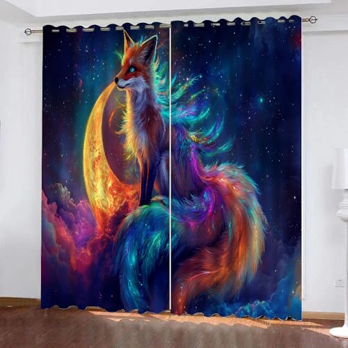 YUEAHOL Sternenhimmel Mond 2er-Set Verdunklungsgardine Blickdicht， Bunter Fuchs Blackout Abdunkelnde Vorhang mit Ösen für Hotels Wohnzimmer Schlafzimmer Kinderzimmer 150 x 160 cm von YUEAHOL