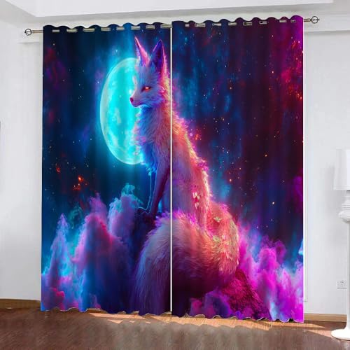 YUEAHOL Sternenhimmel Mond Vorhang Blickdicht mit Ösen 3D Bunter Fuchs Verdunkelungsvorhang 2er Set Gardine Polyester für Schlafzimmer Kinderzimmer Wohnzimmer Dekoration 150 x 166 cm von YUEAHOL