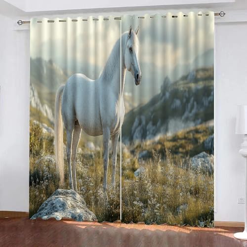 YUEAHOL Tier Pferd Blickdichte Vorhänge, Natürliche Landschaft Thermovorhang Hitzeschutz mit Ösen Gardienen 2er-Set Lichtundurchlässige Vorhänge Schlafzimmer Blackout Curtains 210 x 160cm von YUEAHOL