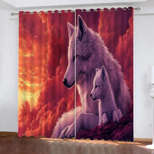 YUEAHOL Tier Wolf Blickdichte Vorhänge, Himmel rote Wolken Thermovorhang Hitzeschutz mit Ösen Gardienen 2er-Set Lichtundurchlässige Vorhänge Schlafzimmer Blackout Curtains 210 x 160cm von YUEAHOL
