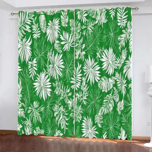 YUEAHOL Tropische Pflanzenblätter Blickdichte Vorhänge, Grün Thermovorhang Hitzeschutz mit Ösen Gardienen 2er-Set Lichtundurchlässige Vorhänge Schlafzimmer Blackout Curtains 150 x 166 cm von YUEAHOL